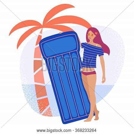 Young Sun Tanned Girl With Blue Rubber Inflatable Mattress In Flat Cartoon Stile. Summer Seaside Bea