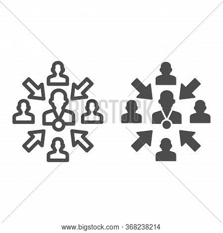Group Of People With Leader And Arrows Line And Solid Icon, Teamwork And Relationship Concept, Worki