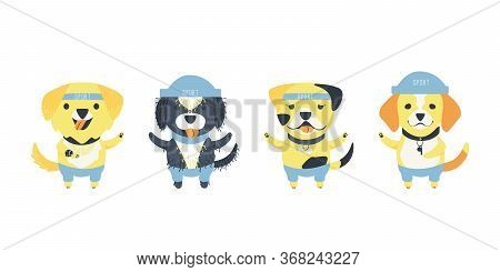 Set Of Cute Dogs Of Different Breeds. Funny Cartoon Character. Dogs With Accessories For Sport. Watc