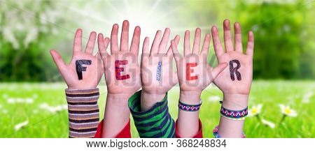 Children Hands Building Word Feier Means Celebration, Grass Meadow