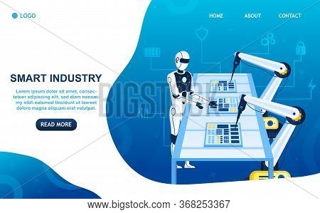Factory Future Concept. The Humanoid Robot Controls The Production Process Robotic Arms. Assembly Of