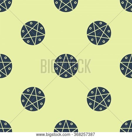 Blue Pentagram In A Circle Icon Isolated Seamless Pattern On Yellow Background. Magic Occult Star Sy