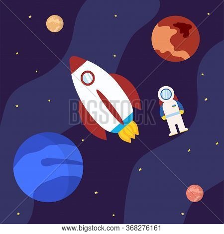Rocket With Astronaut And Planets In Outer Space Illustration Cartoon Style And Flat Color Launch To