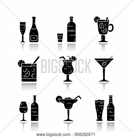 Drinks Drop Shadow Black Glyph Icons Set. Alcohol Drinks Card. Champagne, Vodka, Hot Toddy, Wine, Be