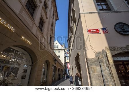 Prague, Czechia - October 31, 2019: Kozna Ulice, A Narrow Street Of The Old Town Of Prague, Called S