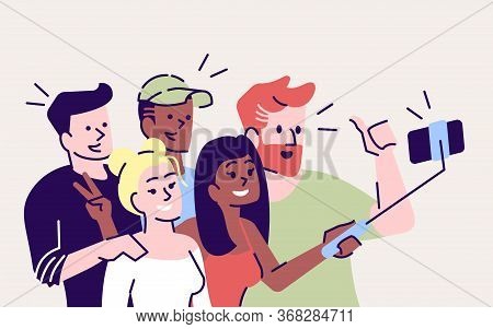Selfie Flat Vector Illustration. Happy People Making Selfie Stick Picture Together. Capturing Bright