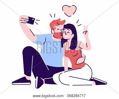 Couple Selfie Flat Vector Illustration. Guy Kisses Girl For Smartphone Photo. Man And Woman In Love 