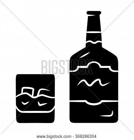 Whiskey Glyph Icon. Bottle And Old Fashioned Glass With Drink And Ice. Scotch, Rum Shot. Distilled A