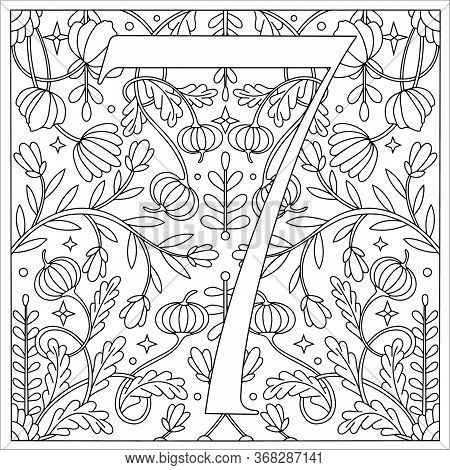 Vintage Retro Illustration In An Engraving Style Of The Number Seven, Flowers, Branches And Leaves. 