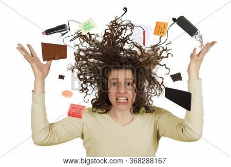 The Young Girl's Head Is Overflowing Of Various Thoughts, Isolated On A White Background. The Girl I