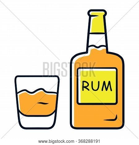 Rum Orange Color Icon. Bottle And Old-fashioned Glass With Alcoholic Drink. Alcohol Bar Beverage Con