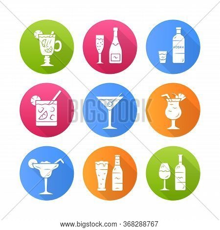Drinks Flat Design Long Shadow Glyph Icons Set. Alcohol Drinks Card. Champagne, Vodka, Hot Toddy, Wi