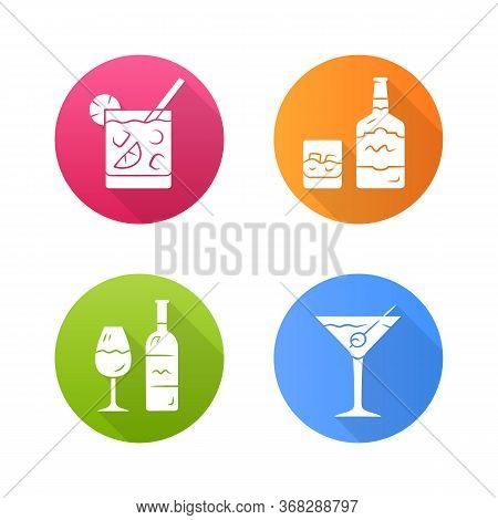 Drinks Flat Design Long Shadow Glyph Icons Set. Cocktail In Lowball Glass, Whiskey, Wine, Martini. A