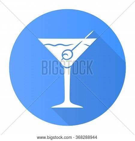Martini Blue Flat Design Long Shadow Glyph Icon. Footed Glass With Drink And Olive. Cocktail With Gi