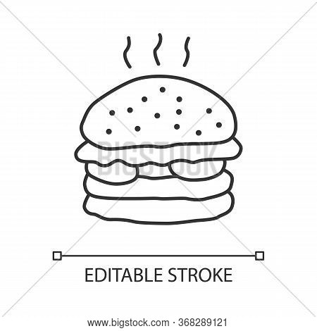 Delicious Burger Linear Icon. Tasty Hamburger Thin Line Illustration. Unhealthy Nutrition, Harmful E