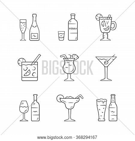 Drinks Linear Icons Set. Alcohol Drinks Card. Vodka, Hot Toddy, Wine, Beer, Martini, Margarita, Pina