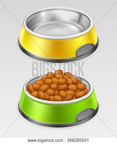 Empty And Full Of Feed Metal Plate For Animal With Black Edging, Isolated On Gray Background. Yellow