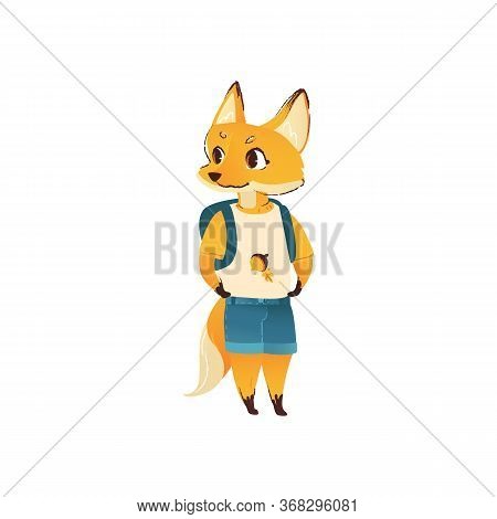 Cute Cartoon Fox In Human Clothes And Back-to-school Backpack Standing And Smiling