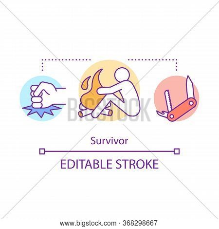 Survivor Concept Icon. Remaining Alive Idea Thin Line Illustration. Rest Near Bonfire. Travelling In