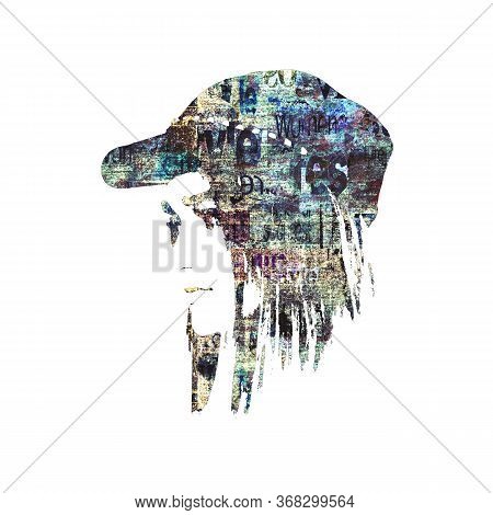 Contemporary Fashion Woman Portrait. Beautiful Female Face With Kepi On Newspaper Texture. Artwork M
