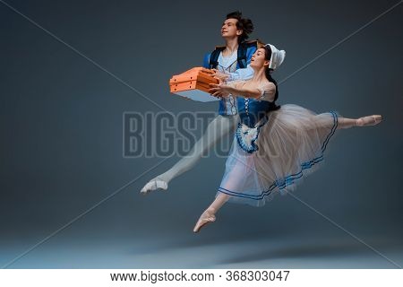 Modern Cinderella And Prince Hurrying Up, Deliverying Pizza. Young And Graceful Ballet Dancers On St