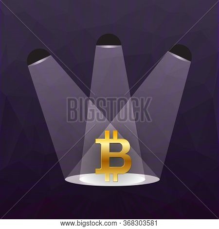 Bitcoin. Cryptocurrency. Digital Currency. Golden Sign In The Spotlight. Stock Vector Illustration.