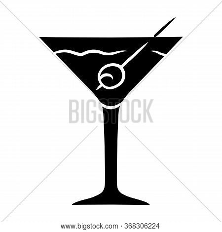 Martini Glyph Icon. Footed Glass With Drink And Olive. Cocktail With Gin And Vermouth. Alcoholic Bev