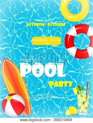 Pool Party. Invitation Template Card. Top View Of Swimming Pool With Pool Floats. Colorful Swimming 