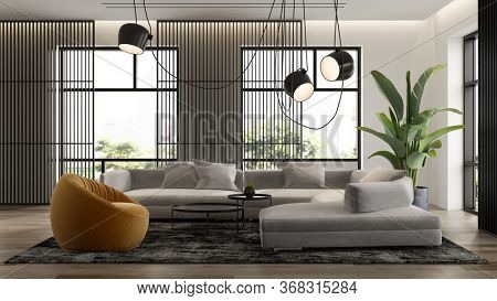 Minimalist Interior of modern living room 3D rendering