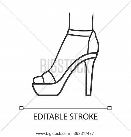 Ankle Strap High Heels Linear Icon. Woman Stylish Footwear Design. Female Party Stiletto Shoes. Edit