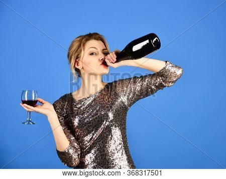 Alco Partying Concept. Lady Holding Glass And Bottle Of Wine