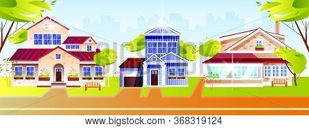 Panoramic Illustration With Three Vintage Cottages, Cityscape, Green Trees, Front Yards. Suburb Stre