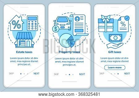 Us Taxes Types Blue Onboarding Mobile App Page Screen With Linear Concepts. Estate, Property, Gift T