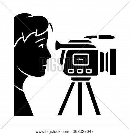 Cameraman Glyph Icon. Videorecording, Filming. Videographer, Operator With Camera. Video Journalist,