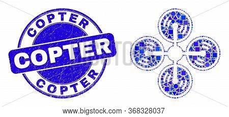 Geometric Air Copter Mosaic Pictogram And Copter Seal Stamp. Blue Vector Rounded Scratched Seal With