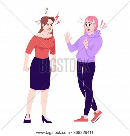 Female Quarrel Flat Vector Illustration. Fight Girlfriends. Anger And Panic. Two Girls Having Emotio