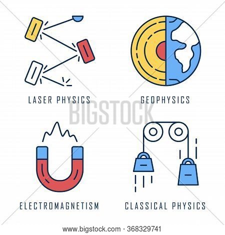 Physics Branches Color Icons Set. Laser And Classical Physics, Electromagnetism And Geophysics. Phys