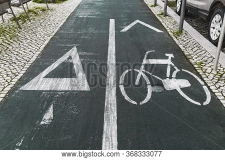 Wide-angle View Of A Road Marking Sign On Asphalt On A Bicycle Lane and The Running Track, Dividing 
