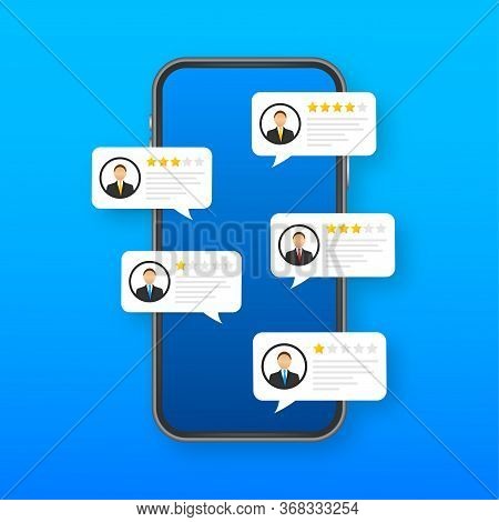 Review Rating Bubble Speeches On Mobile Phone Illustration, Flat Style Smartphone Reviews Stars With