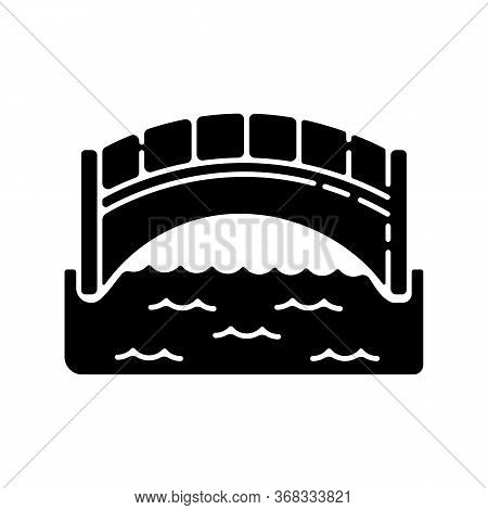 Bridge Black Glyph Icon. Engineer Structure For Walk. Concrete Passage On Pillar. Elevated Road For 