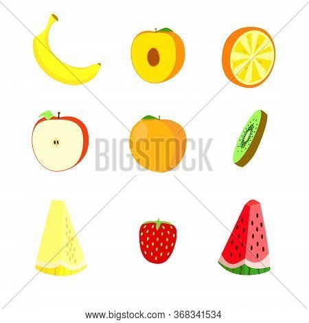 Flat Fruits Isolated. Food Icon Set On White Background. Fresh Natural Kivi. Sweet Fruit.