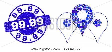 Geometric Map Markers Mosaic Pictogram And 99.99 Stamp. Blue Vector Round Textured Stamp With 99.99 
