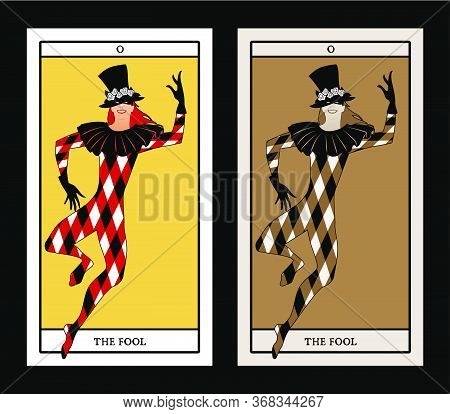 Major Arcana Tarot Cards. The Fool. Joker With Top Hat Decorated With Flowers, Mask And Rhombus Suit