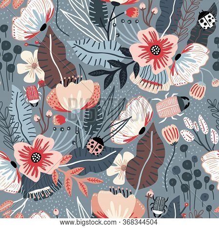 Seamless Floral Pattern. Blooming Flower Texture With Different Type Of Flowers, Branches, Bugs. Gre