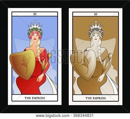 Major Arcana Tarot Cards. The Empress. Beautiful Woman With Long Braids, Sitting On A Throne, Holdin