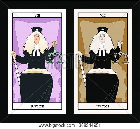 Major Arcana Tarot Cards. Justice. Woman Dressed In A Wig And Judge's Clothes, Holding A Sword In On