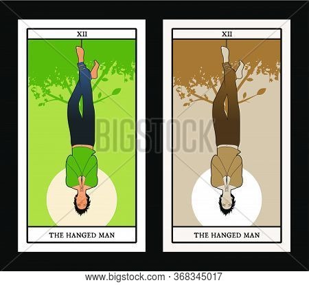 Major Arcana Tarot Cards. The Hanged Man. Man Hanging From A Tree, Face Down, Subject Of The Right F