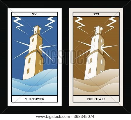Major Arcana Tarot Cards. The Tower. Large Tower Over Raging Sea, Under The Storm And Hurt By Lightn