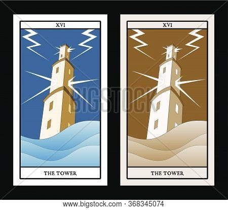 Major Arcana Tarot Cards. The Tower. Large Tower Over Raging Sea, Under The Storm And Hurt By Lightn