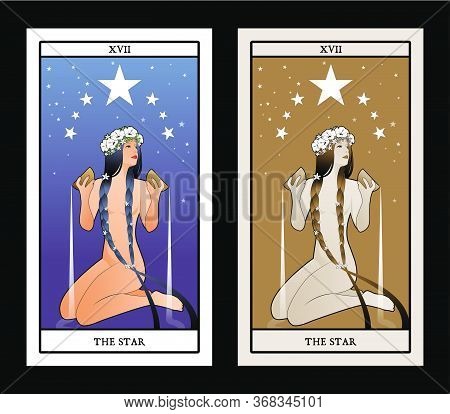 Major Arcana Tarot Cards. The Star. Beautiful Girl Naked Under Seven Stars, Pouring Water From Two G